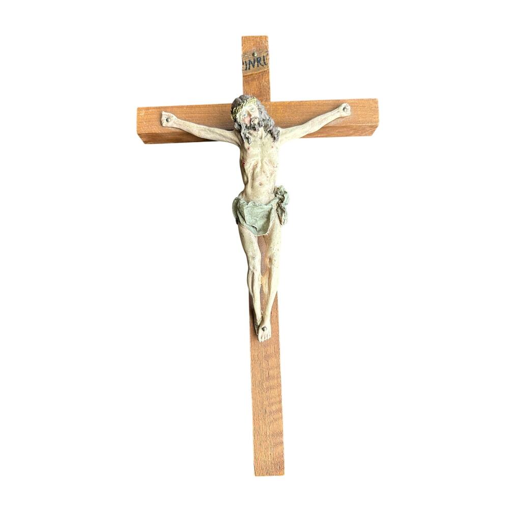 Vintage WALL HANG CROSS CRUCIFIX CHRISTIANITY JESUS CHRIST SAVIOR wood ceramic